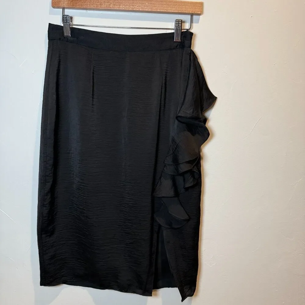 Belle Badgley Mischka Skirt Black Ruffle High Waist Pencil Skirt Size 4 *TEAR*